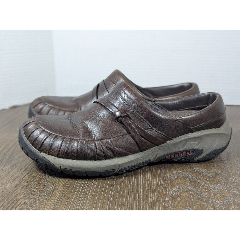 Merrell Encore Pleat Mules Shoes Womens 9 Brown Leather Slip On Comfort Logo